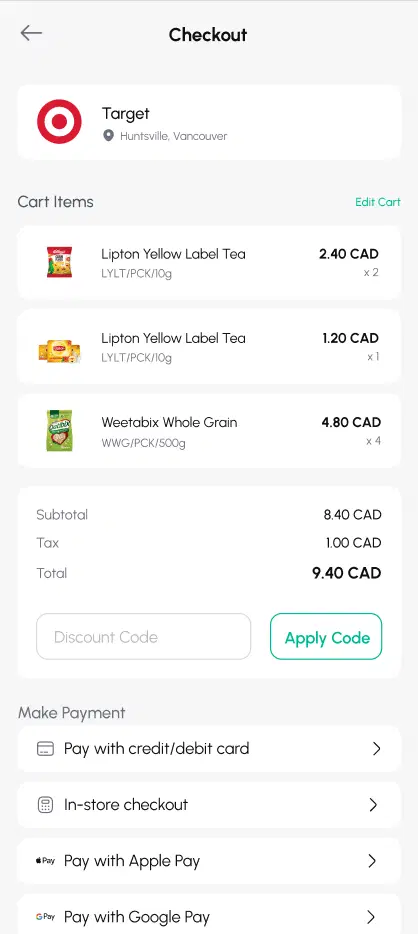 Shopping app interface on phone